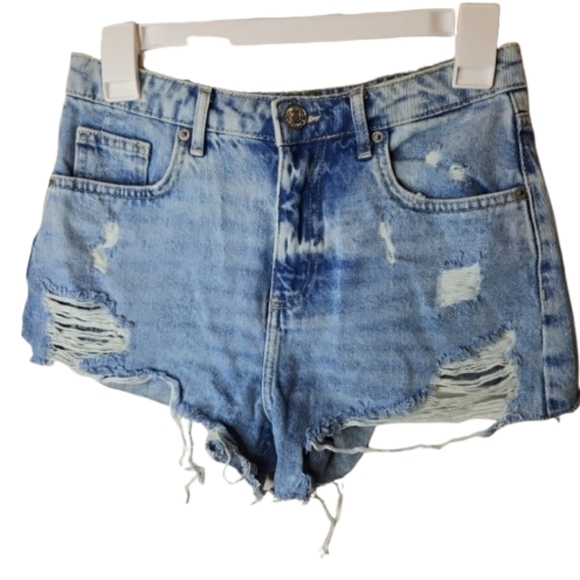 Forever21 Frayed Hem Distressed High  Waist Distroyed Hem YKK Shorts Denim 25 - Picture 1 of 15